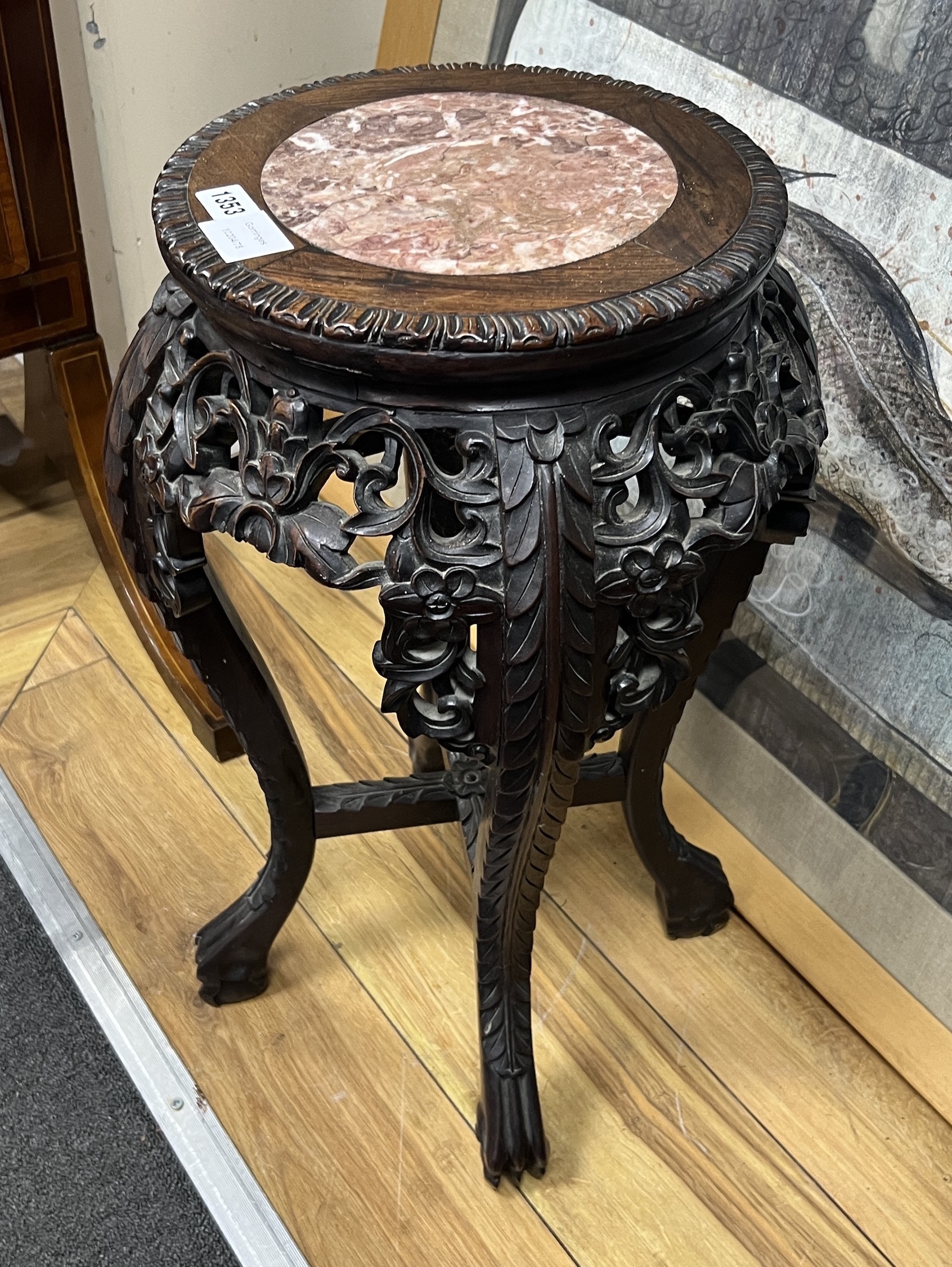 A Chinese hongmu and rouge marble vase stand, diameter 40cm, height 61cm